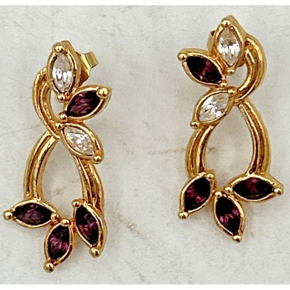 VTG Avon Earrings Purple Clear Rhinestone Crystal Gold Plated Open Swirl Dangle